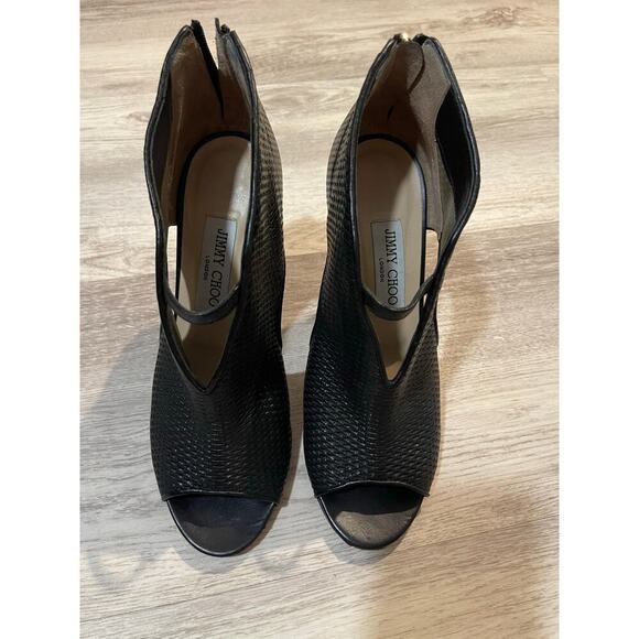 Jimmy Choo Black Woven Leather Perp-Toe Heels - Picture 1 of 5